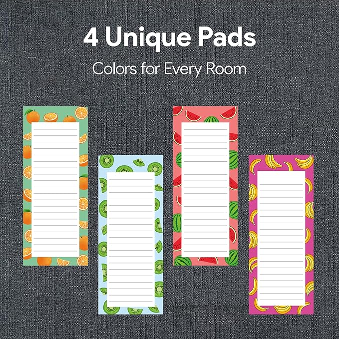 4 Large Magnetic Notepads – Shopping List, To-Do List, Reminders, Grocery List Pads -Strong Full Magnetic Back- Memo Pads with Realistic Fruit Designs | 60 Sheets per Pad 9 x 3.5 inch (4 Pack)