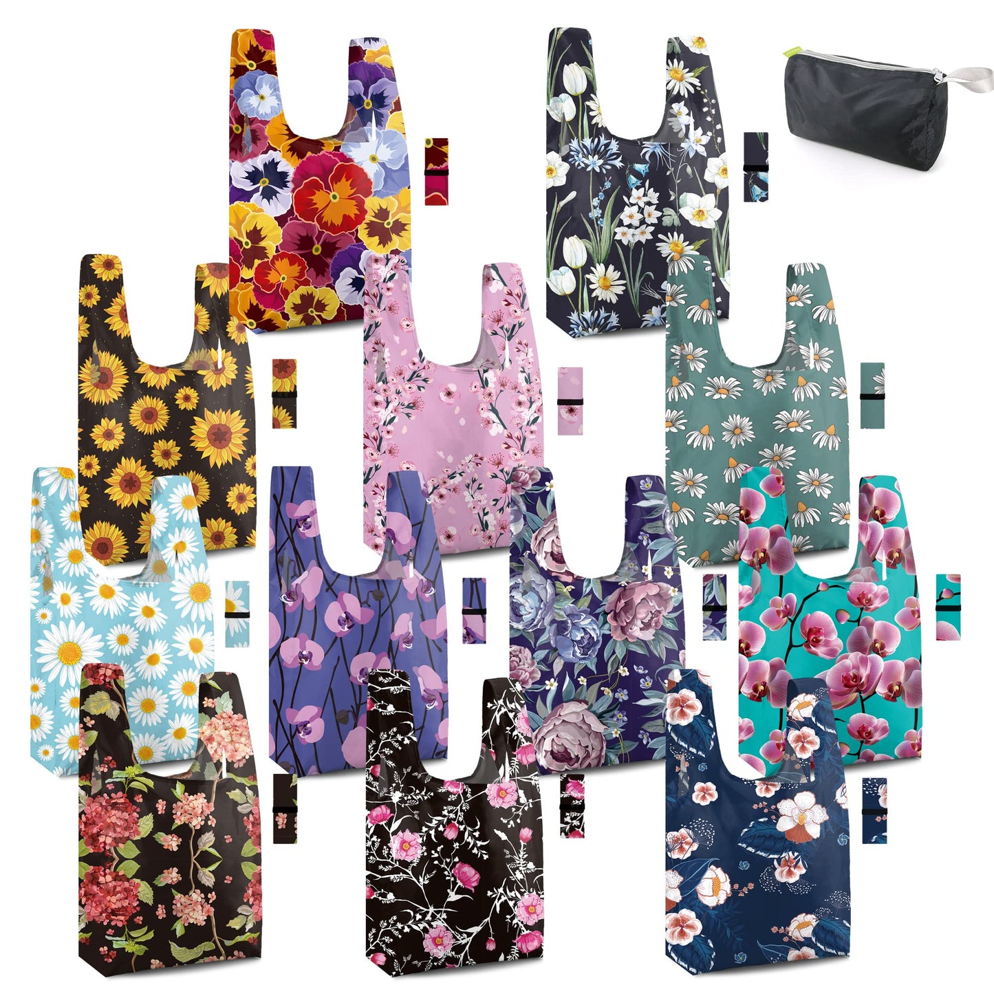 BeeGreen Large Flower Tote Bag - 12 Pack Heavy Duty Reusable Grocery Bags and Foldable Shopping Bags for Groceries, Cute Travel Reusable Gifts,Lightweight Washable Cloth Bag With Handles for Women