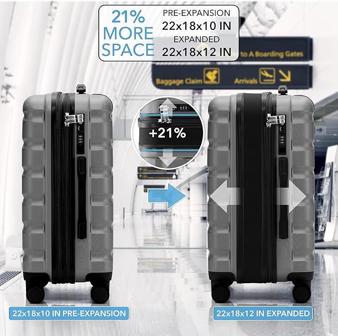 Carry On Suitcase Hardside TSA Lock & USB Port Silent Double Spinner Wheels Maximum Overhead Carry-On Bag Approved For Many Airlines( 22x18x10" ,Charcoal )