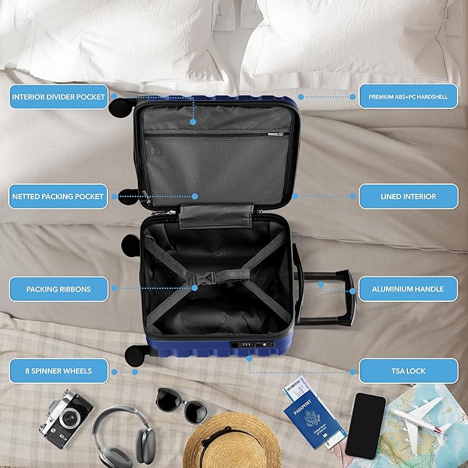 Carry On Suitcase Hardside Built In TSA Lock & USB Port Silent Double Spinner Wheels Maximum Underseat Carry-On Bag For American & United Approved Airlines( 18x14x8" ,Navy )