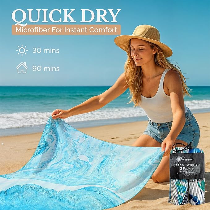 Casa Platino Quick Dry Beach Towel 2 Pack – Extra Large 32"x71" Lightweight Travel Towels, Sand Free & Compact, Ideal for Pool, Camping & Beach Adventures – Summer Essential – Maldives
