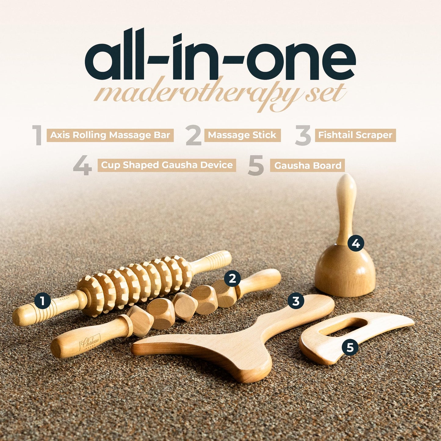 Château Avant Luxury Wooden Massage Tool Set, 5-Piece Lymphatic Drainage & Sculpting Kit – Cupper, Roller, Contouring Board, Scraper & Rope Roller