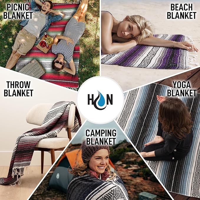 Authentic Large Handwoven Mexican Blanket - Soft Yoga- Durable Serape- Lightweight Falsa, Beach, Camping, Picnic, Outdoor Blanket 70"x50" - Lavender Jade
