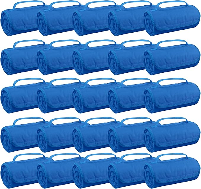 25 Ct of Roll-Up Blankets for Camping, Travel, Outdoors, Beach, Picnics – Royal Blue – Hook + Loop Closure for Easy Use in Cars & on Airplanes – Customizable for Promotions & Events