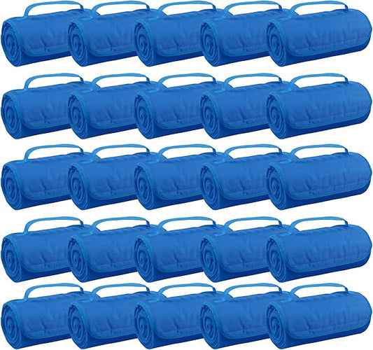 25 Ct of Roll-Up Blankets for Camping, Travel, Outdoors, Beach, Picnics – Royal Blue – Hook + Loop Closure for Easy Use in Cars & on Airplanes – Customizable for Promotions & Events