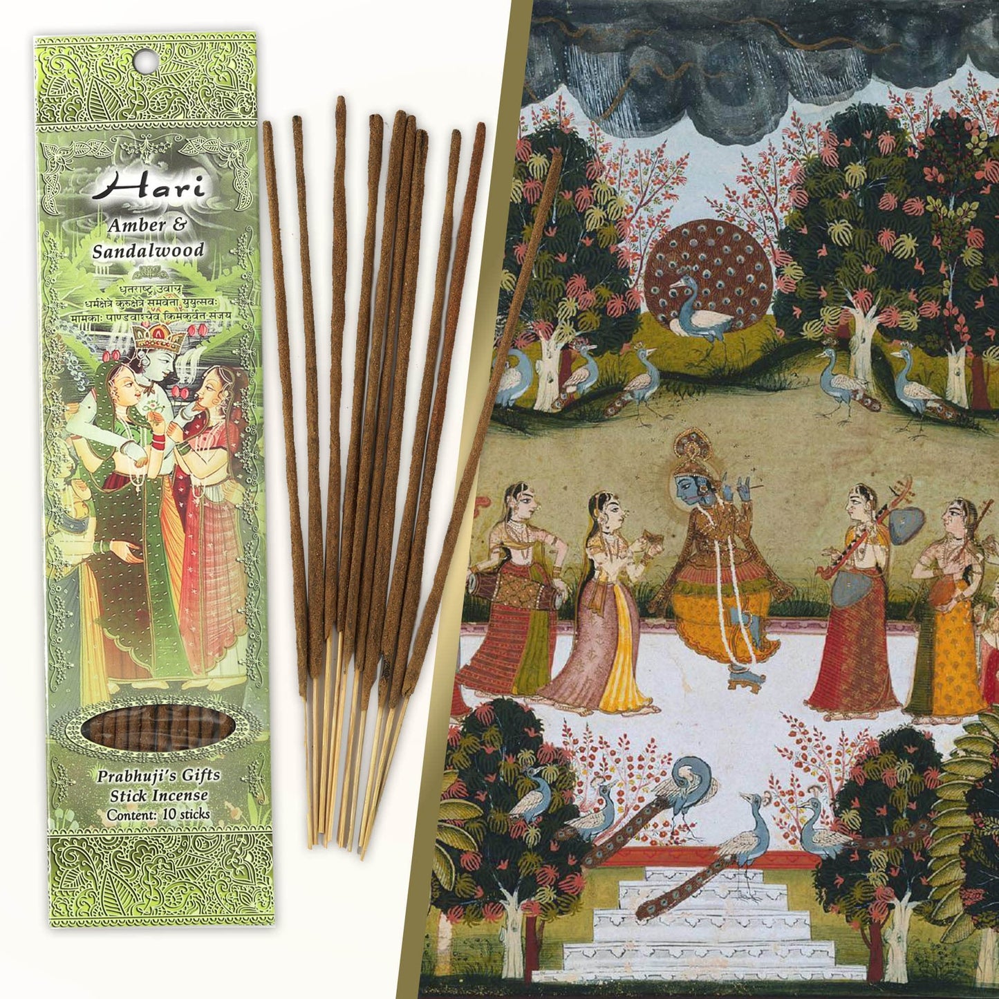 Prabhuji's Gifts Hari Hand-Rolled Spiritual Incense Sticks from India - Aromatic Sticks - for Meditation, Yoga, Relaxation, & Aromatherapy Incense - Amber and Sandalwood - 3 Packs of 10 Sticks