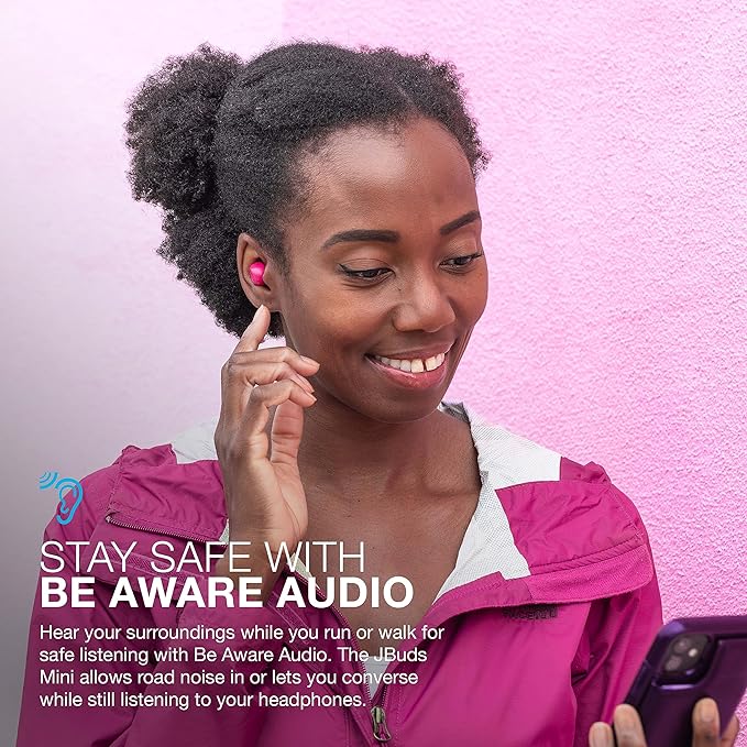 JLab JBuds Mini True Wireless Bluetooth Earbuds + Charging Case, Hot Pink, IP55 Sweat and Dust Proof, Bluetooth Multipoint, Be Aware Audio, 3 EQ Sound Settings, Crystal Clear Calls