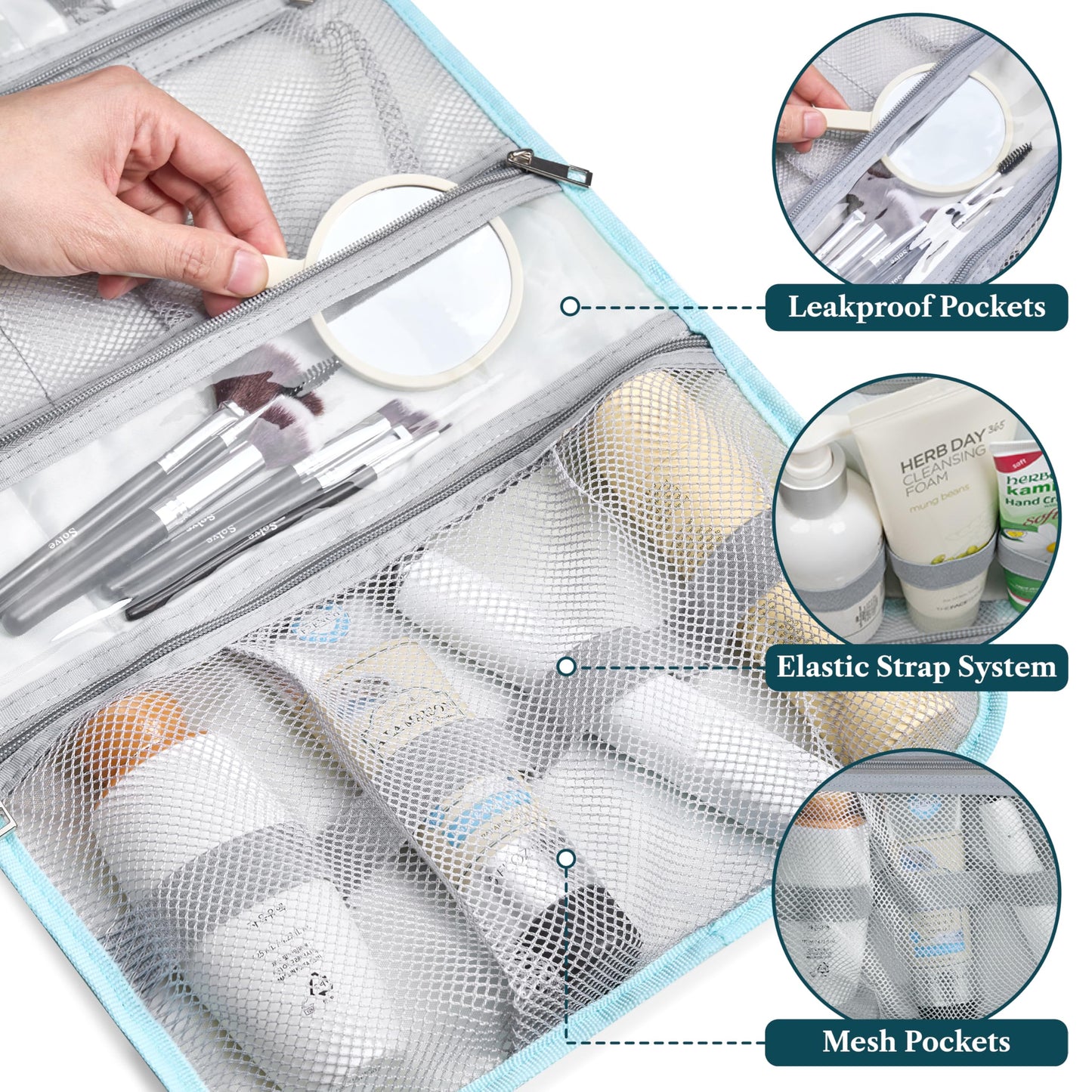 PAVILIA Hanging Toiletry Bag Women Men, Travel Kit Foldable Large Toiletries Organizer, Roll up Cosmetics Makeup Bag Accessories, Waterproof Essentials Jewelry Case (Teal Chevron)