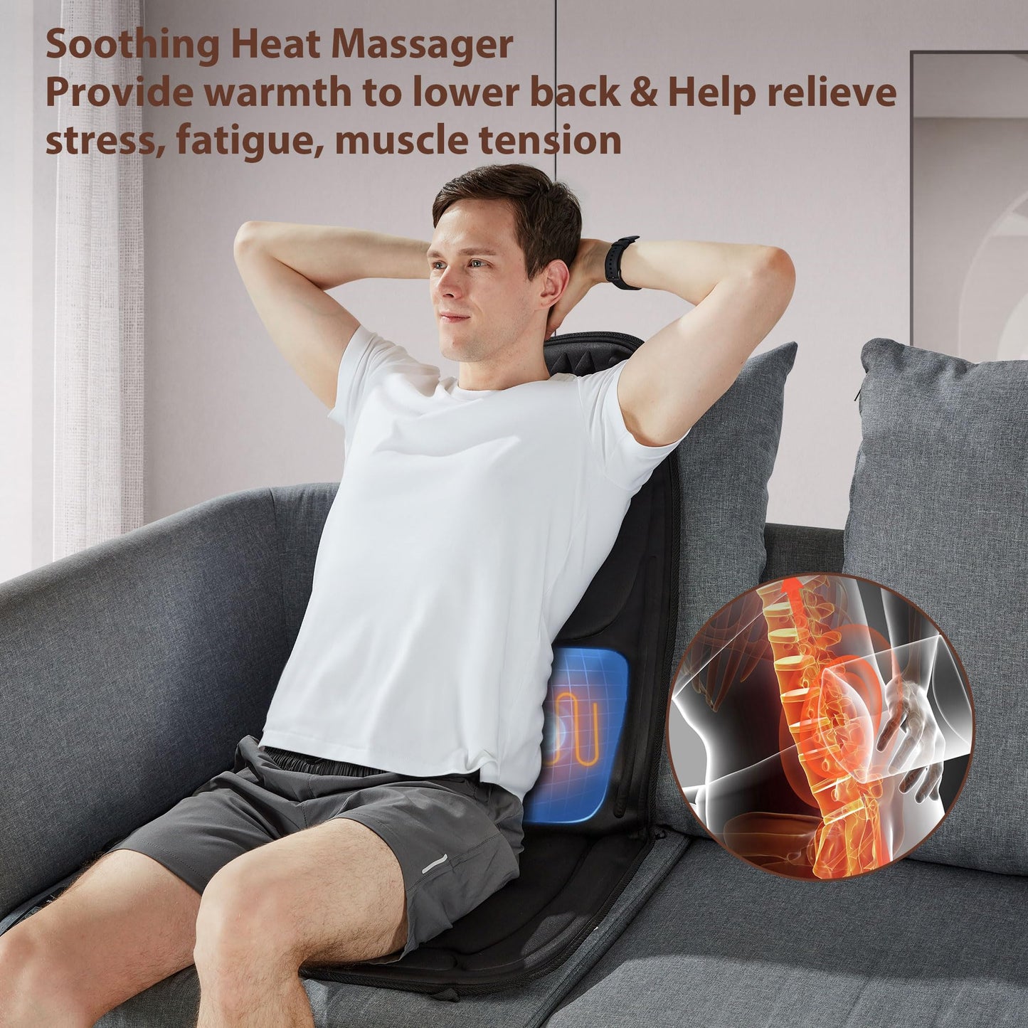 Back Massager with Heat, Massage Seat Cushion with 3D Lumbar Traction, 8 Vibrating Motors Massager Chair Pad for Full Body Pain Relief, and Home Use