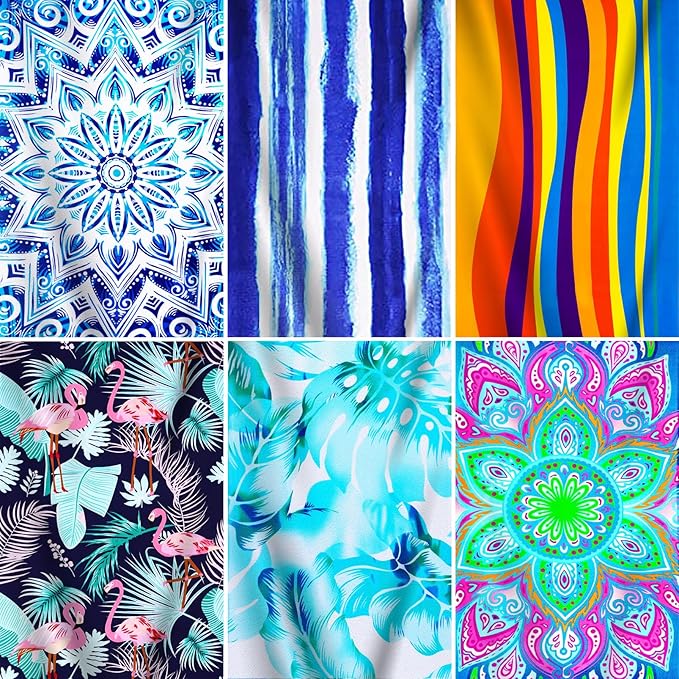 6 Packs Oversized Terry Beach Towel Set 36 x 72 Soft Thin Extra Large Pool Camping Swim Bulk Towels Blanket Clearance Travel Adult Essentials Accessories Must Haves Vacation Striped Flowers Flamingo