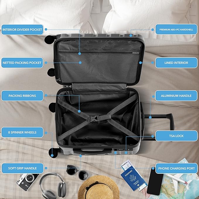 22x14x9" Expandable Carry On Suitcase Hardside TSA Lock USB C Port Lightweight Luggage Silent Double Spinner Wheels Maximum Overhead Carry-On Bag For American & United Approved Airlines