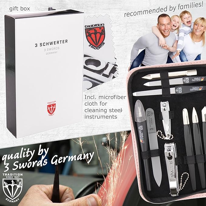 3 Swords Germany - brand quality 16 piece manicure pedicure grooming kit set fashion leather case light pink, Made in Germany