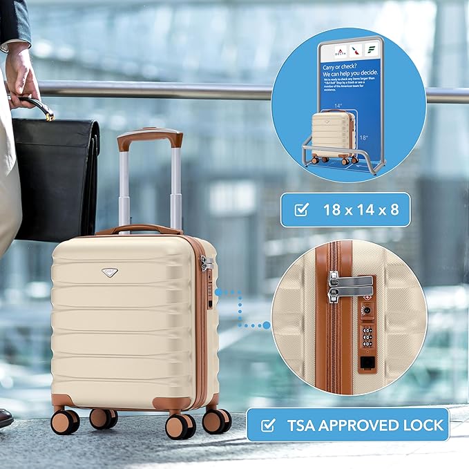 Carry On Suitcase Hardside Built In TSA Lock & USB Port Silent Double Spinner Wheels Maximum Underseat Carry-On Bag For American & United Approved Airlines( 18x14x8" ,Cream/Tan )