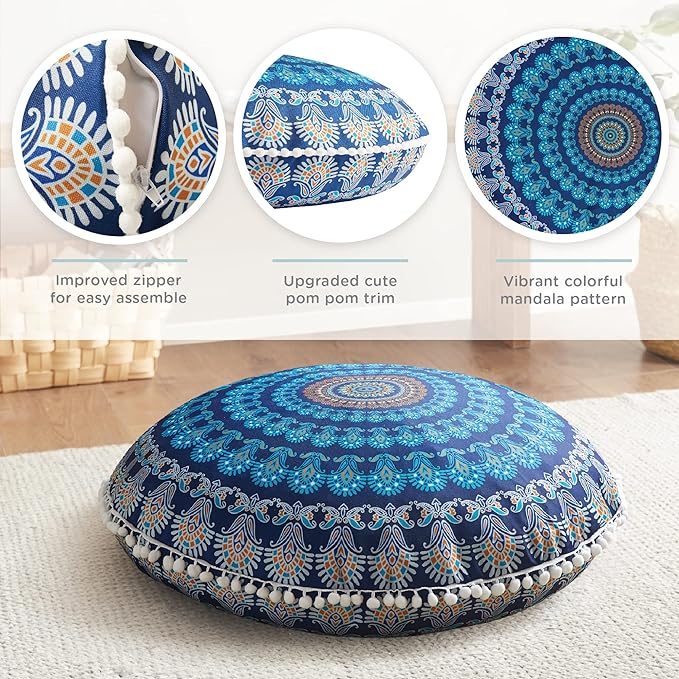 Codi Meditation Floor Pillow Set of 2, Round Large Pillows Seating for Adults, Bohemian Mandala Circle Cushion for Outdoor Fireplace Yoga Living Room, 32 Inch, Memory Foam Added, Navy