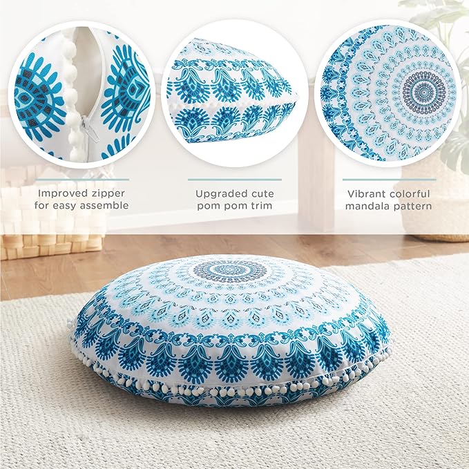Codi Meditation Floor Pillow, Round Large Pillows Seating for Adults, Bohemian Mandala Circle Cushion for Outdoor Fireplace Yoga Living Room, 32 Inch, Memory Foam Added, Aqua