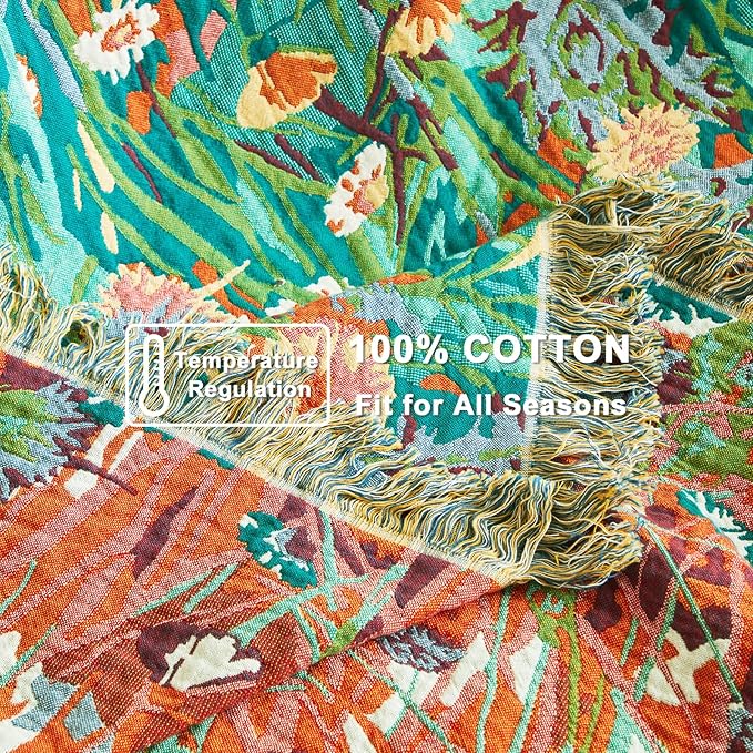 Boho Throw Blanket for Couch Sofa Chair Cotton Blankets for Bedroom Living Room All Season Soft Lightweight Reversible Floral Embroidery Throws 50"x60"
