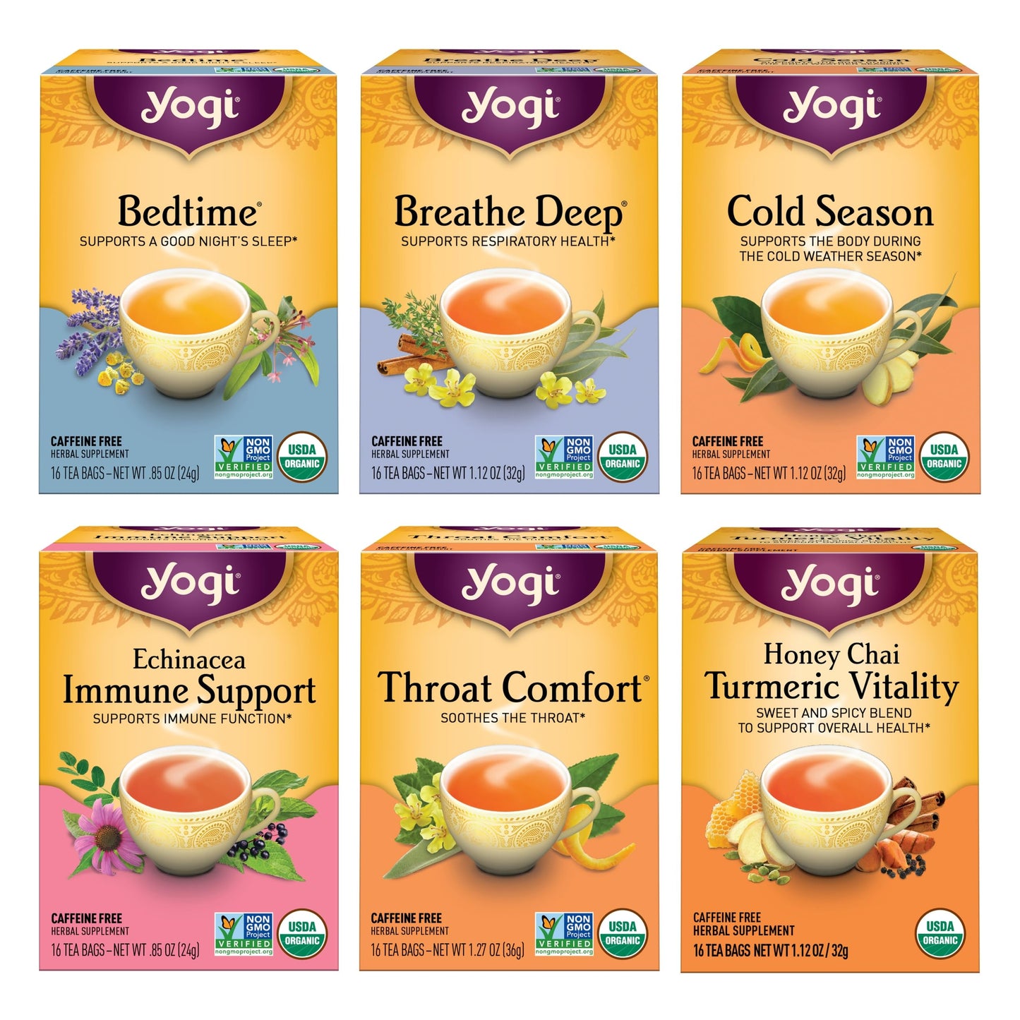 Yogi Get Well Variety Pack (6 Pack) - Herbal Immune and Cold Season Support - 96 Organic Tea Bags