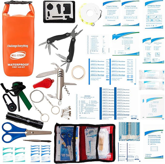 Boat First Aid Kit with Survival Tools, 123pcs Waterproof Emergency Marine Kit with Buckles, Compact Boat Safety Accessories for Fishing Kayaking Boating Camping Rafting Beach Orange