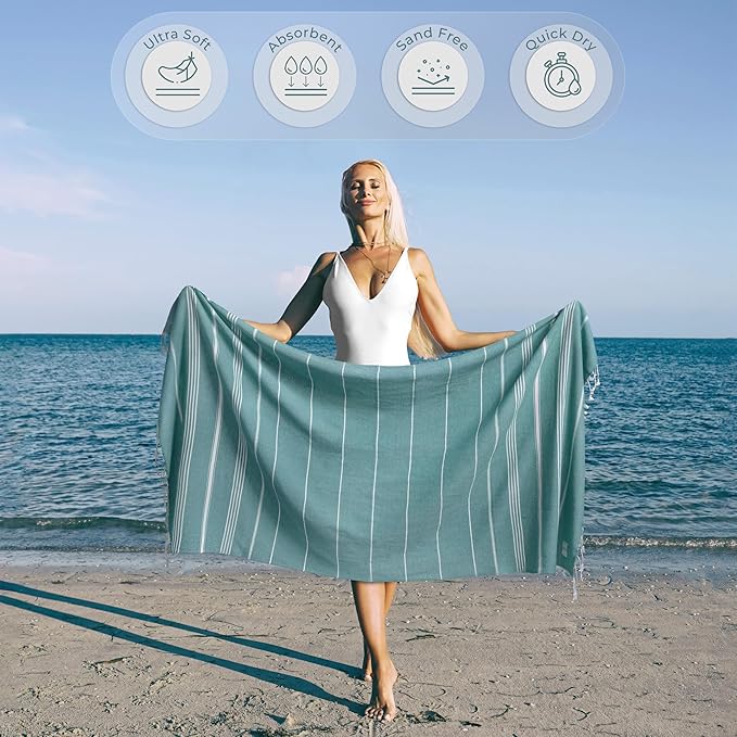 Compact Beach Towel - Sand Free & Compact, Oversized (39” x 71”), Quick Dry, Lightweight, and Functional, Perfect as Striped Blanket, Turkish Towel, Pool Towel - Oil Blue