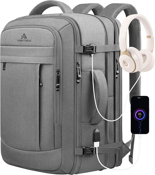 Carry On Backpack, 50L Extra Travel Laptop Backpack for Men Women, Big Bag Business Travel Essentials Gifts for men, 17 Inch Laptop Backpack Computer Bag Gifts for Him Men, Grey