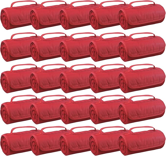 25 Ct of Roll-Up Blankets for Camping, Travel, Outdoors, Beach, Picnics – Red – Hook + Loop Closure for Easy Use in Cars & on Airplanes – Customizable for Promotions & Events