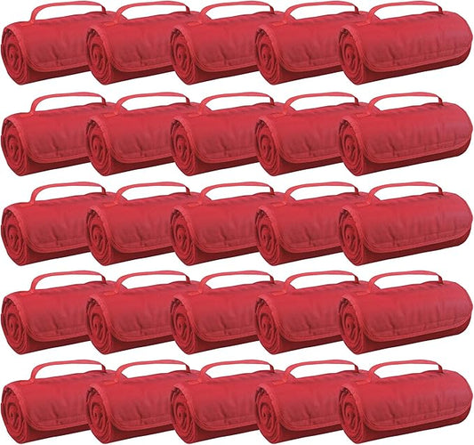 25 Ct of Roll-Up Blankets for Camping, Travel, Outdoors, Beach, Picnics – Red – Hook + Loop Closure for Easy Use in Cars & on Airplanes – Customizable for Promotions & Events
