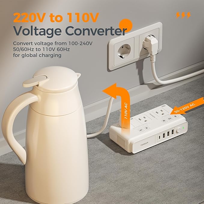 220V to 110V Voltage Converter, TESSAN Universal Travel Adapter with 4 USB Charger (1 USB C), 3 AC Sockets and EU/UK/AU/IT Plug Power Adaptor, Step Down Transformer Outlet Converters for International