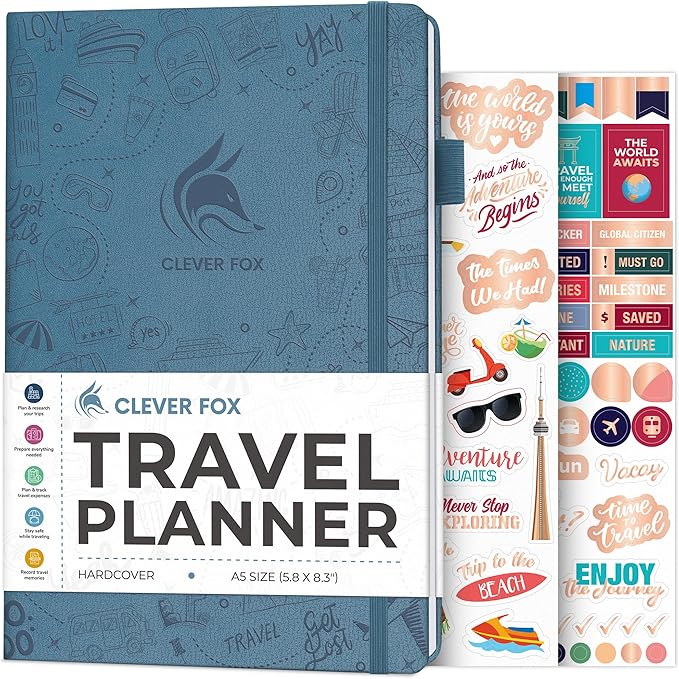 Clever Fox Travel Journal – Vacation & Trip Organizer with Budget Plan, Packing List, Travelling Expense Tracker, A5 (Smoke Blue)