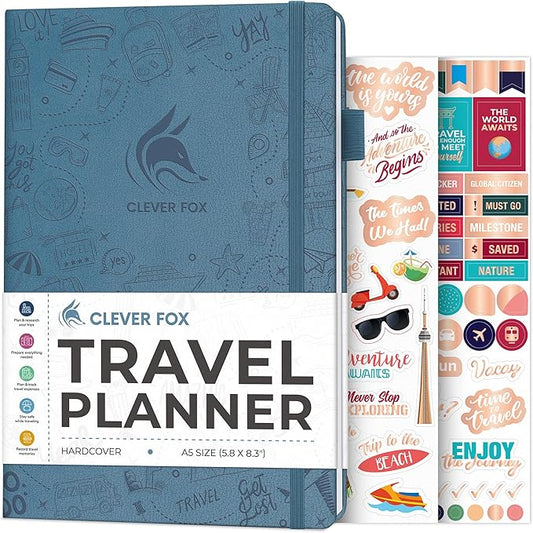Clever Fox Travel Journal – Vacation & Trip Organizer with Budget Plan, Packing List, Travelling Expense Tracker, A5 (Smoke Blue)
