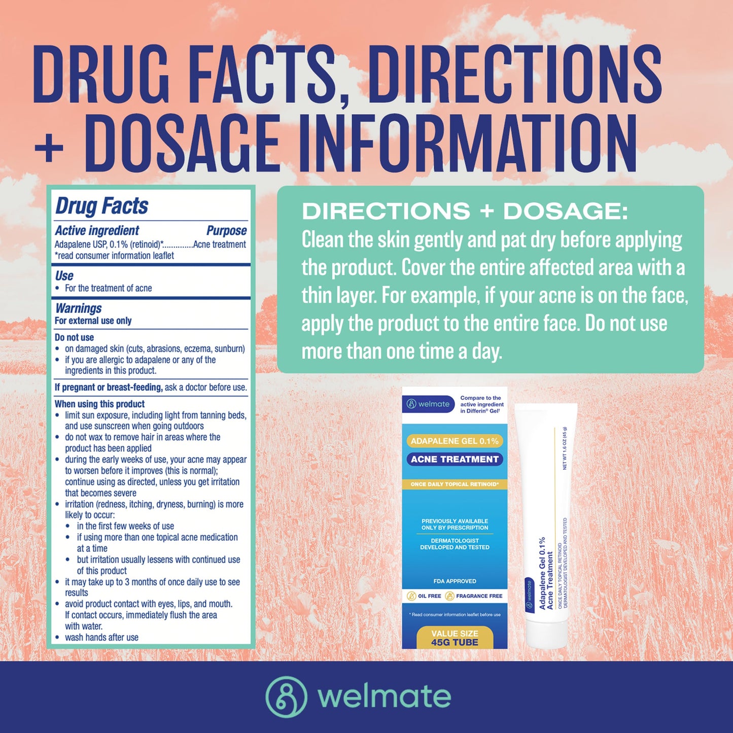 WELMATE - Adapalene Gel 0.1% - Acne Treatment - Skin Care - Daily Topical - Acne Skincare - Pimple Cream - Acne Cream - Oil & Fragrance Free - 1.6oz / 45g