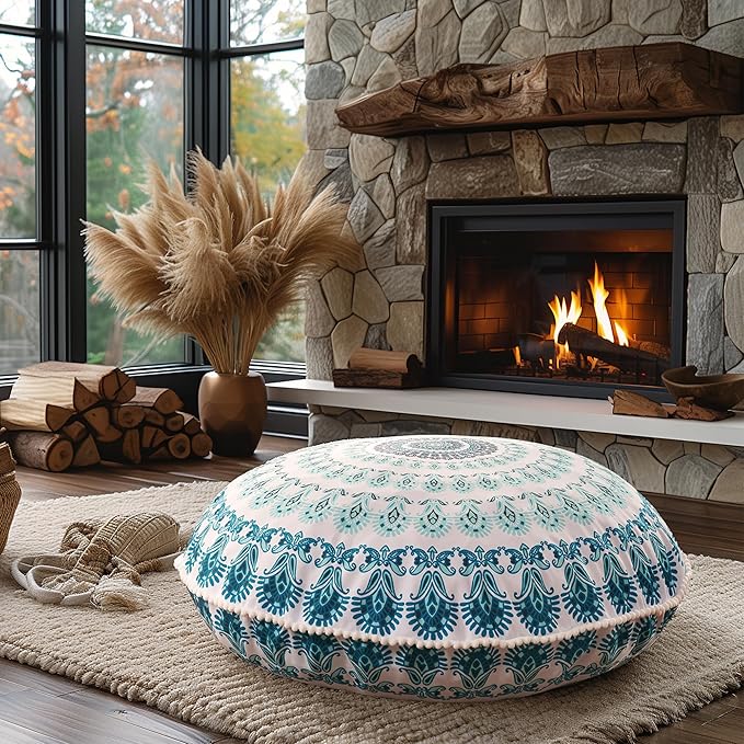 Codi Meditation Floor Pillow Set of 2, Round Large Pillows Seating for Adults, Bohemian Mandala Circle Cushion for Outdoor Fireplace Yoga Living Room, 32 Inch, Memory Foam Added, Aqua