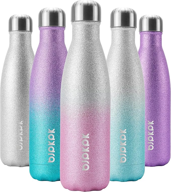 BJPKPK 17oz Insulated Water Bottles Stainless Steel,Sports Water Bottles Keep Cold for 24 Hours and Hot for 12 Hours,BPA Free,Glitter Silver Pink