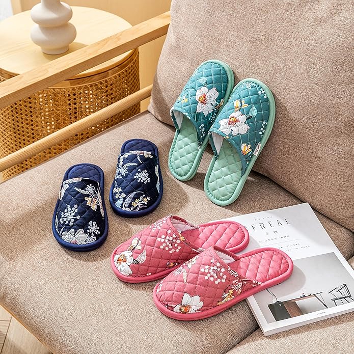 3 Pairs Floral Cotton House Slippers for Women, Open Toe Indoor Slippers Comfortable Washable Portable Foldable Guest Travel Hotel Airplane Spa Slippers