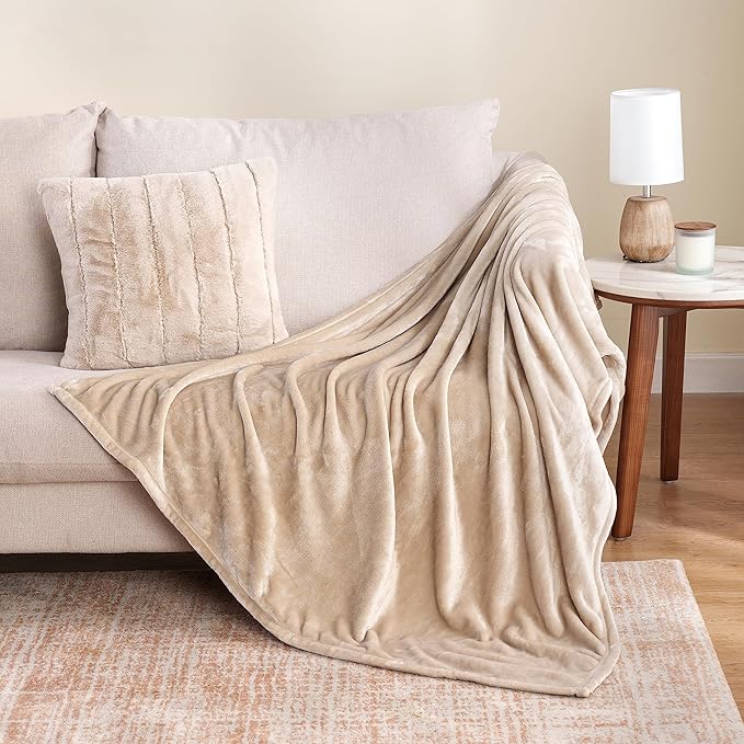 Berkshire Blanket Classic VelvetLoft® Solid Throw Blanket, Lightweight Soft Fuzzy Plush Throw Blanket for Bed and Couch, Grain, 50x60 Inches