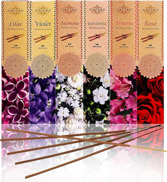 NAQSH Incense Sticks with Wooden Burner Natural Relaxing | Aromatherapy Incense for Air Purifier, Mind & Spirit & Ritualistic Fragrance | Gift Set (Set of 6 Packs - Total 120 Sticks) (Assorted 6)