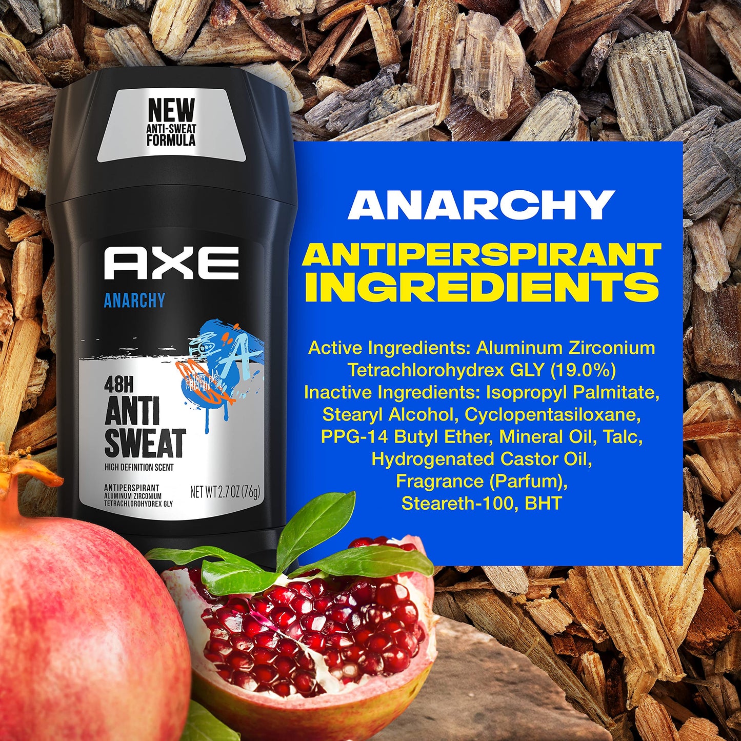AXE Antiperspirant Stick For Men 48 Hour Sweat and Odor Protection For Long Lasting Freshness, Anarchy Dark Pomegranate And Sandalwood Men's Deodorant 2.7oz 4 Count