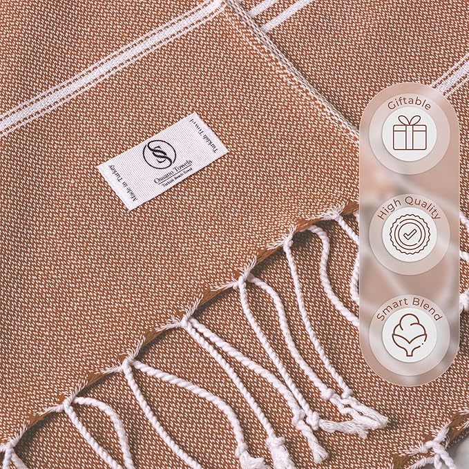 Brick Turkish Beach Towel - Compact & Quick Dry, Oversized (39" x 71"), Versatile and Functional. Ideal as a Beach and Picnic Blanket, Travel, Yoga, and Bath Towel