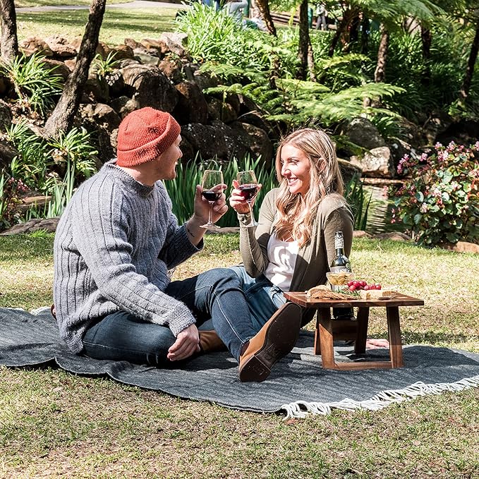 Komorebi Extra Large Picnic Blanket - 78” x 59” – Waterproof Outdoor Blanket, Foldable & Portable Sandproof Beach Blanket – Grey Travel Mat with Faux Wool & Carry Handle