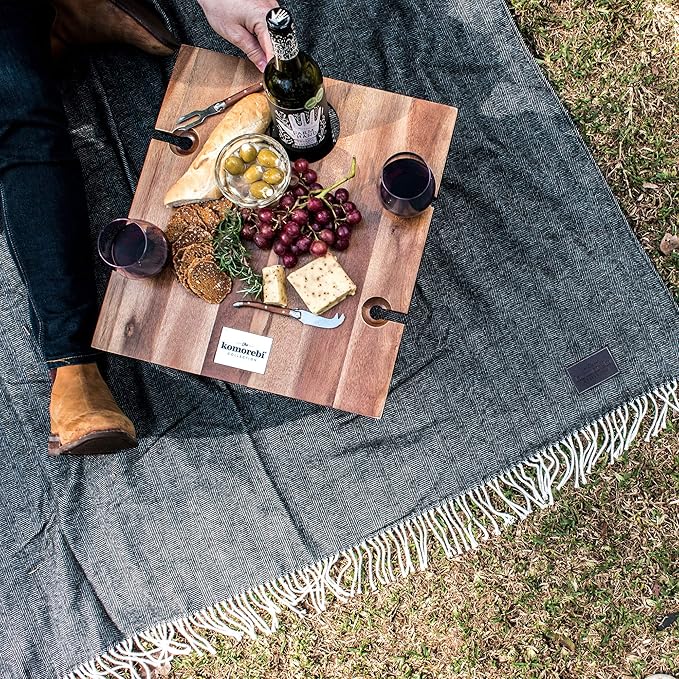 Komorebi Extra Large Picnic Blanket - 78” x 59” – Waterproof Outdoor Blanket, Foldable & Portable Sandproof Beach Blanket – Grey Travel Mat with Faux Wool & Carry Handle