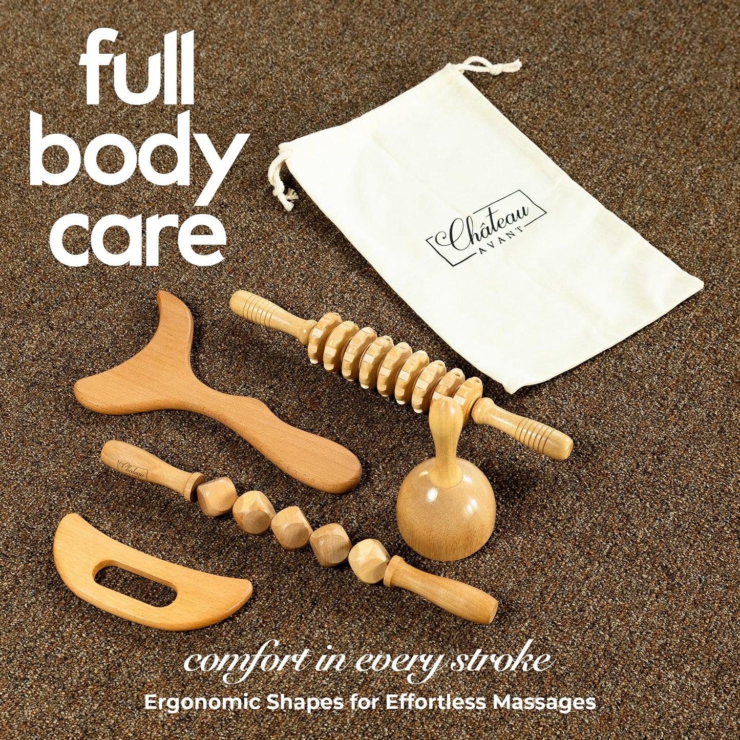 Château Avant Luxury Wooden Massage Tool Set, 5-Piece Lymphatic Drainage & Sculpting Kit – Cupper, Roller, Contouring Board, Scraper & Rope Roller